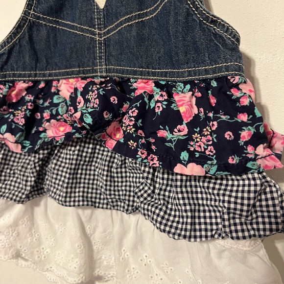 OSHKOSH B'Gosh Girl’s 3T Denim Tiered Jumper Dress Floral Gingham Eyelet - Picture 6 of 7